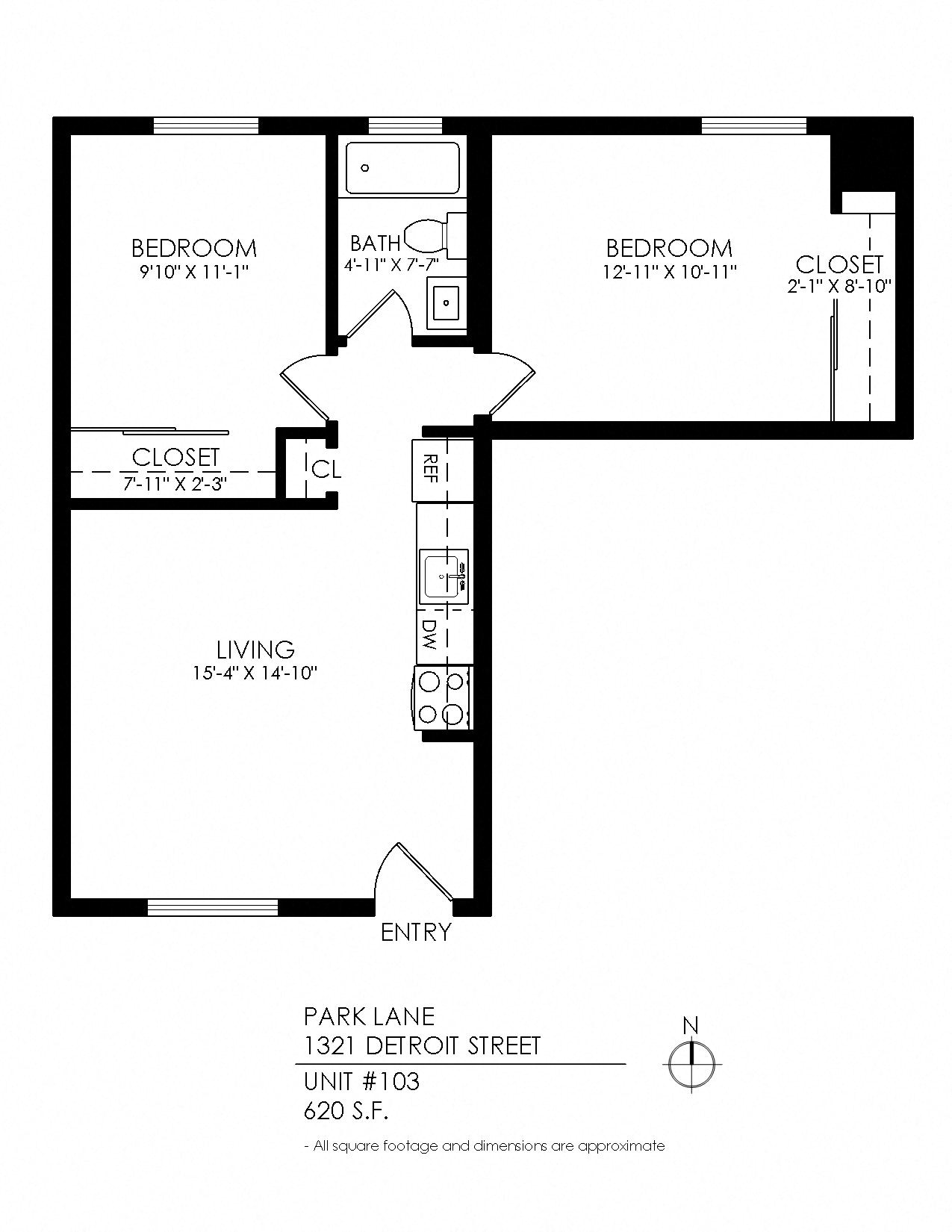 Floor plan for 2 beds, 1 bath, 620 sqft